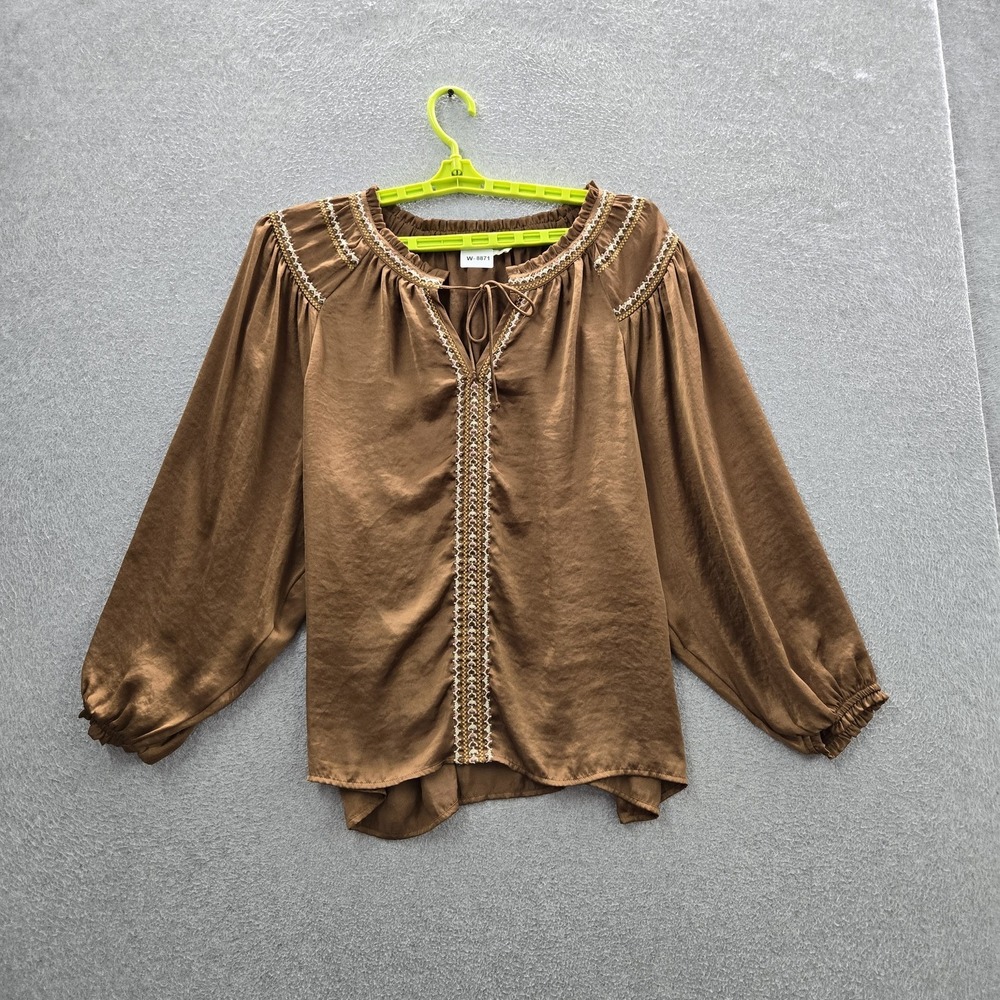 Lucky Brand Women Blouse XL Brown Embroidered Tie‎ Back Boho Fairy Grunge Y2K